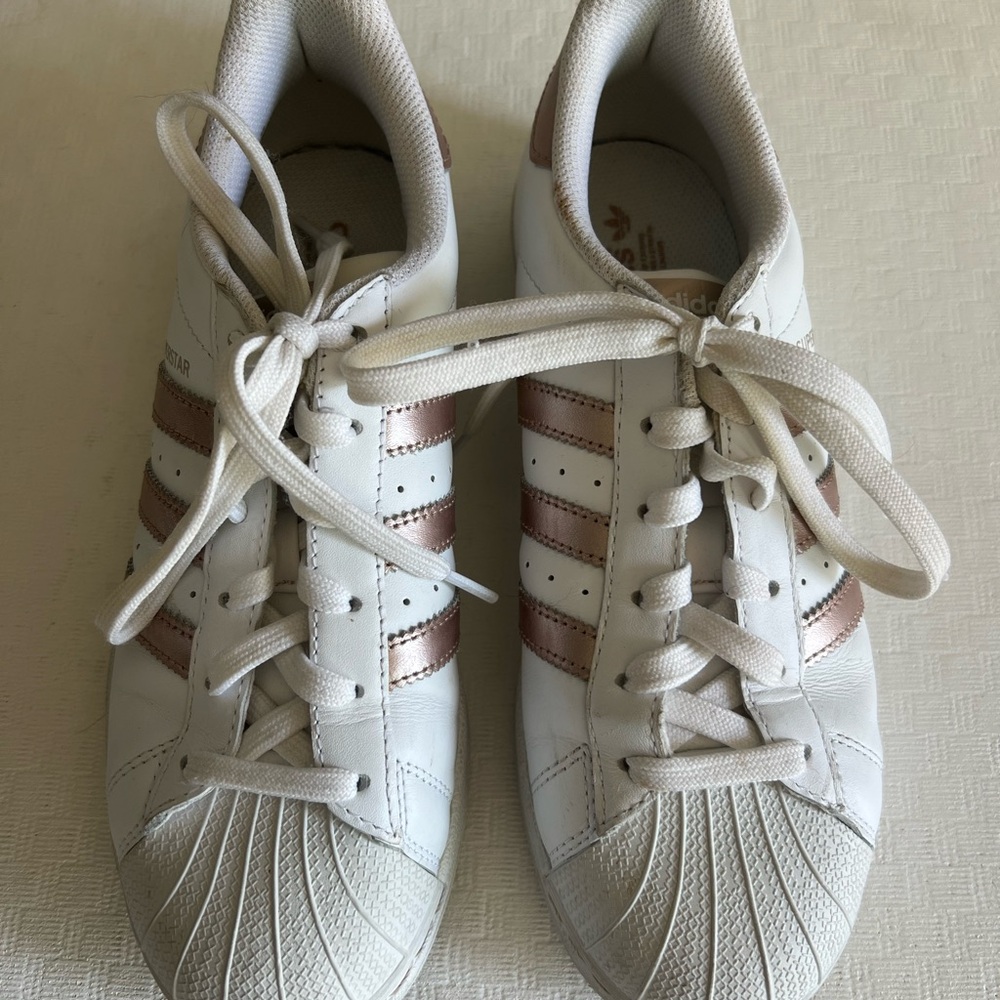 Adidas White and Metallic Pink Striped Sneakers